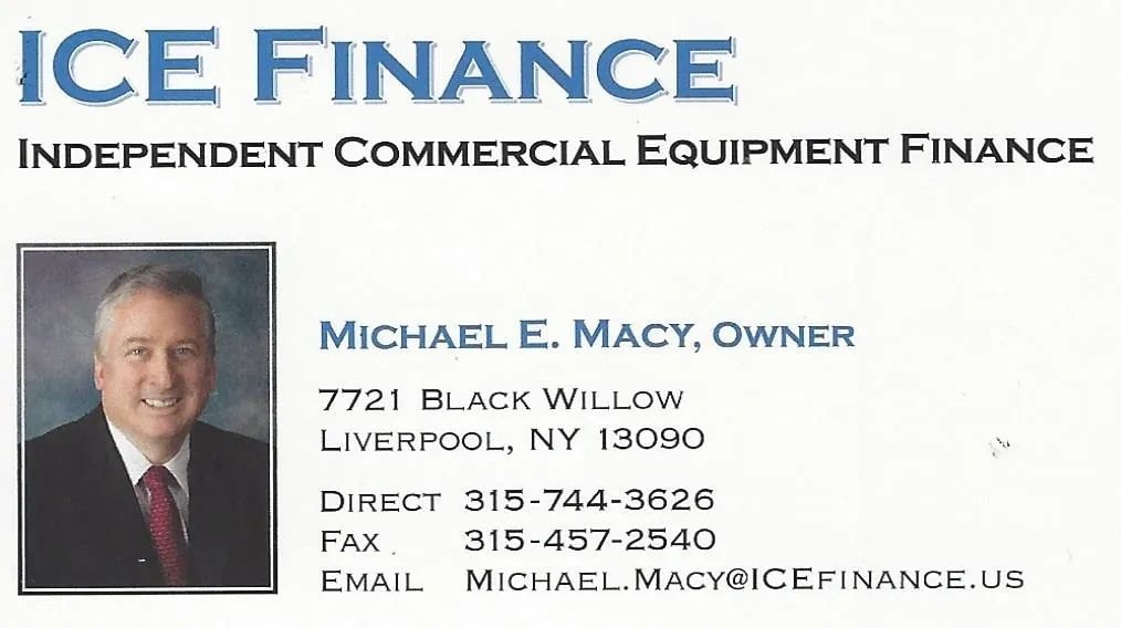 ICE Finance — Michael E. Macy, Owner. 7721 Black Willow, Liverpool NY 13090. Direct 315-744-3626. Fax 315-457-2540. Email michael.macy@icefinance.us